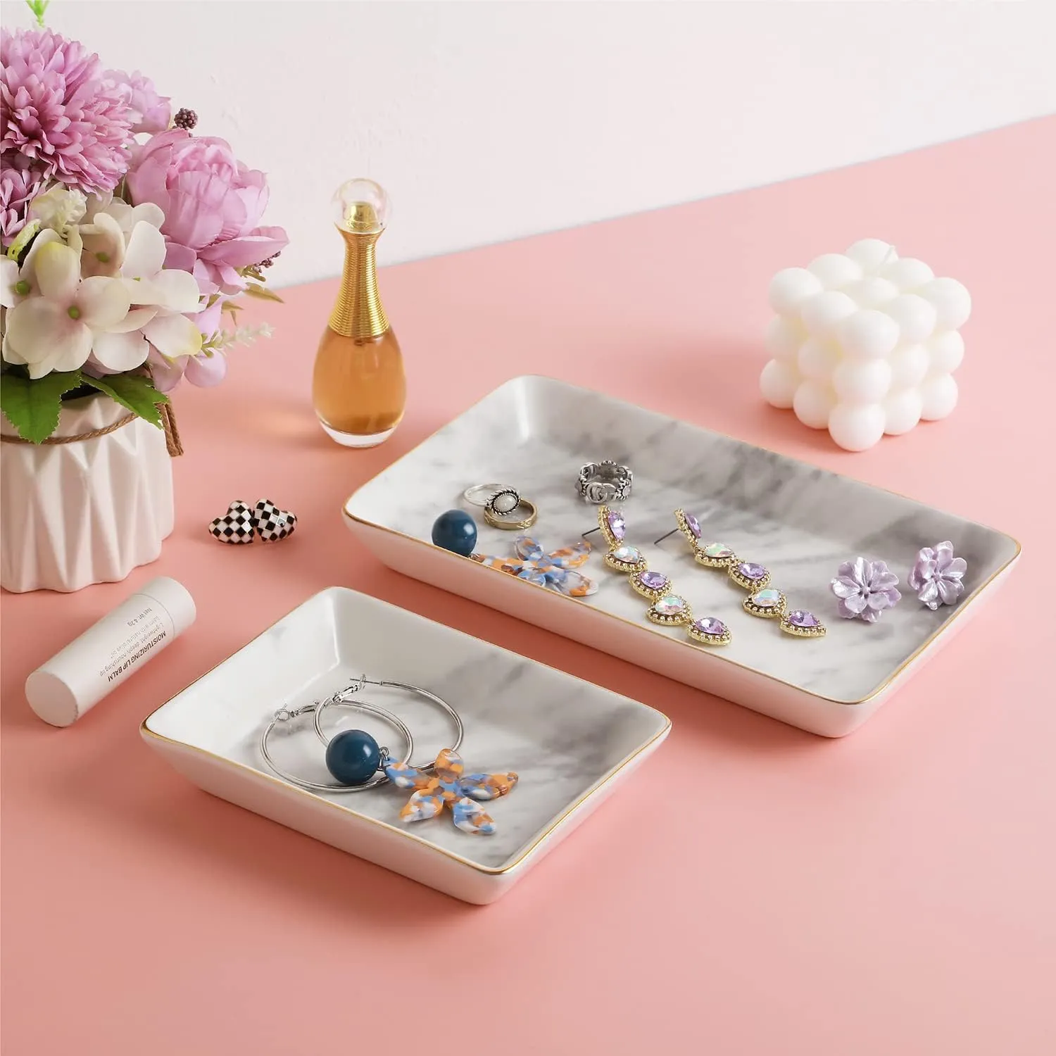 Jewelry Dish Tray Set of 2 Large Capacity Trinket Dish for Rings Earrings Necklaces Bracelet Watch Keys, Marble Jewelry Tray, Key Dish, Birthday Gifts for Women