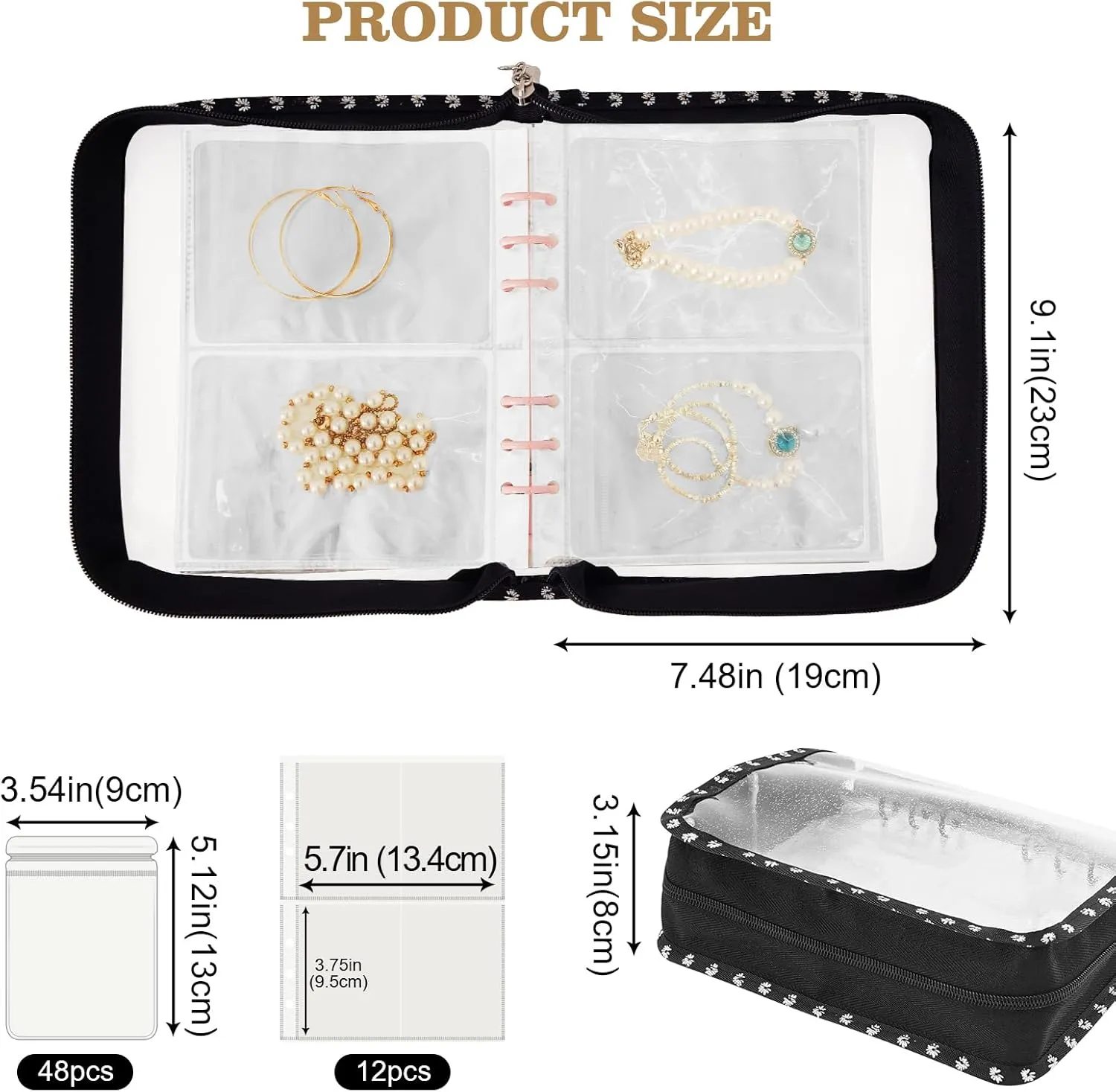 Jewelry Organizer Book Storage Transparent Travel Earring Storage Book Jewelry Binder for Necklace, Ring, Earring, Storage (Black Flowers, 48Pcs Large Jewelry Pouches)