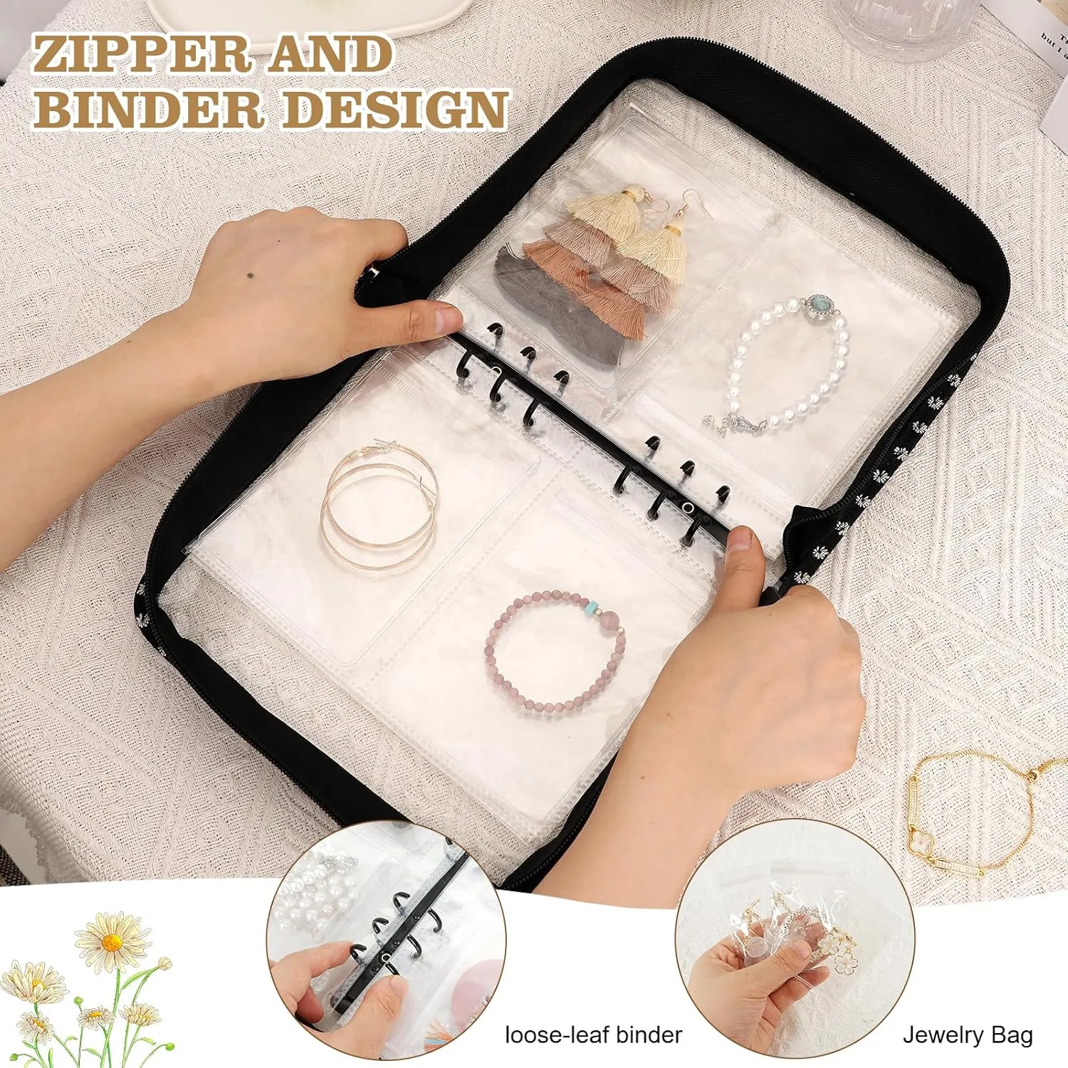 Jewelry Organizer Book Storage Transparent Travel Earring Storage Book Jewelry Binder for Necklace, Ring, Earring, Storage (Black Flowers, 48Pcs Large Jewelry Pouches)
