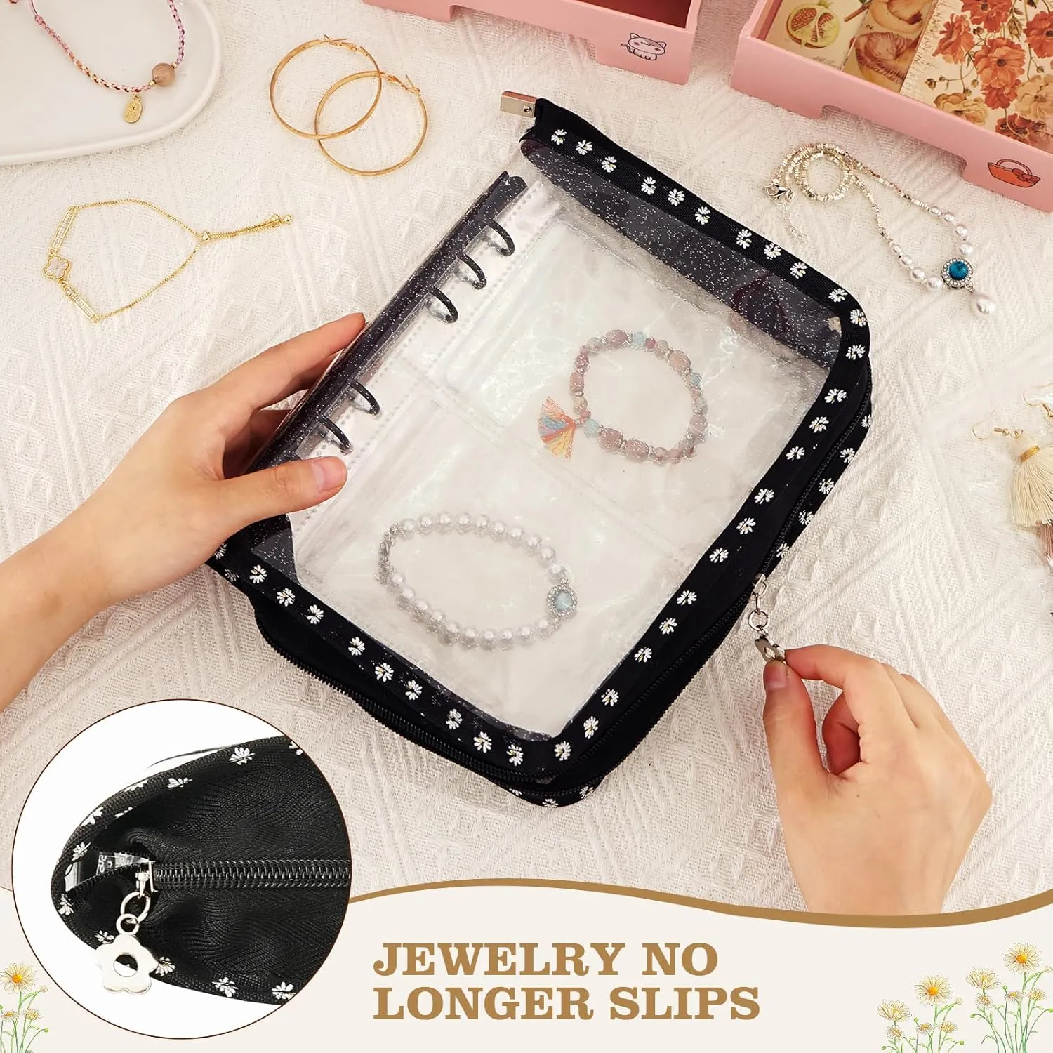 Jewelry Organizer Book Storage Transparent Travel Earring Storage Book Jewelry Binder for Necklace, Ring, Earring, Storage (Black Flowers, 48Pcs Large Jewelry Pouches)
