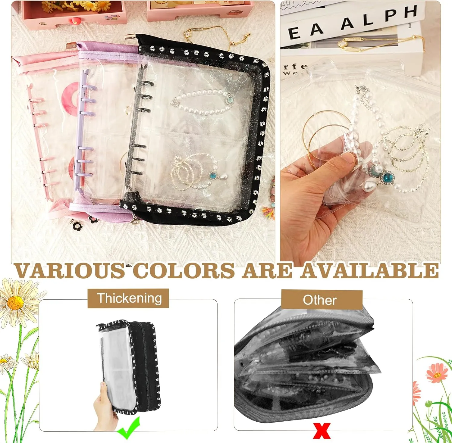 Jewelry Organizer Book Storage Transparent Travel Earring Storage Book Jewelry Binder for Necklace, Ring, Earring, Storage (Black Flowers, 48Pcs Large Jewelry Pouches)