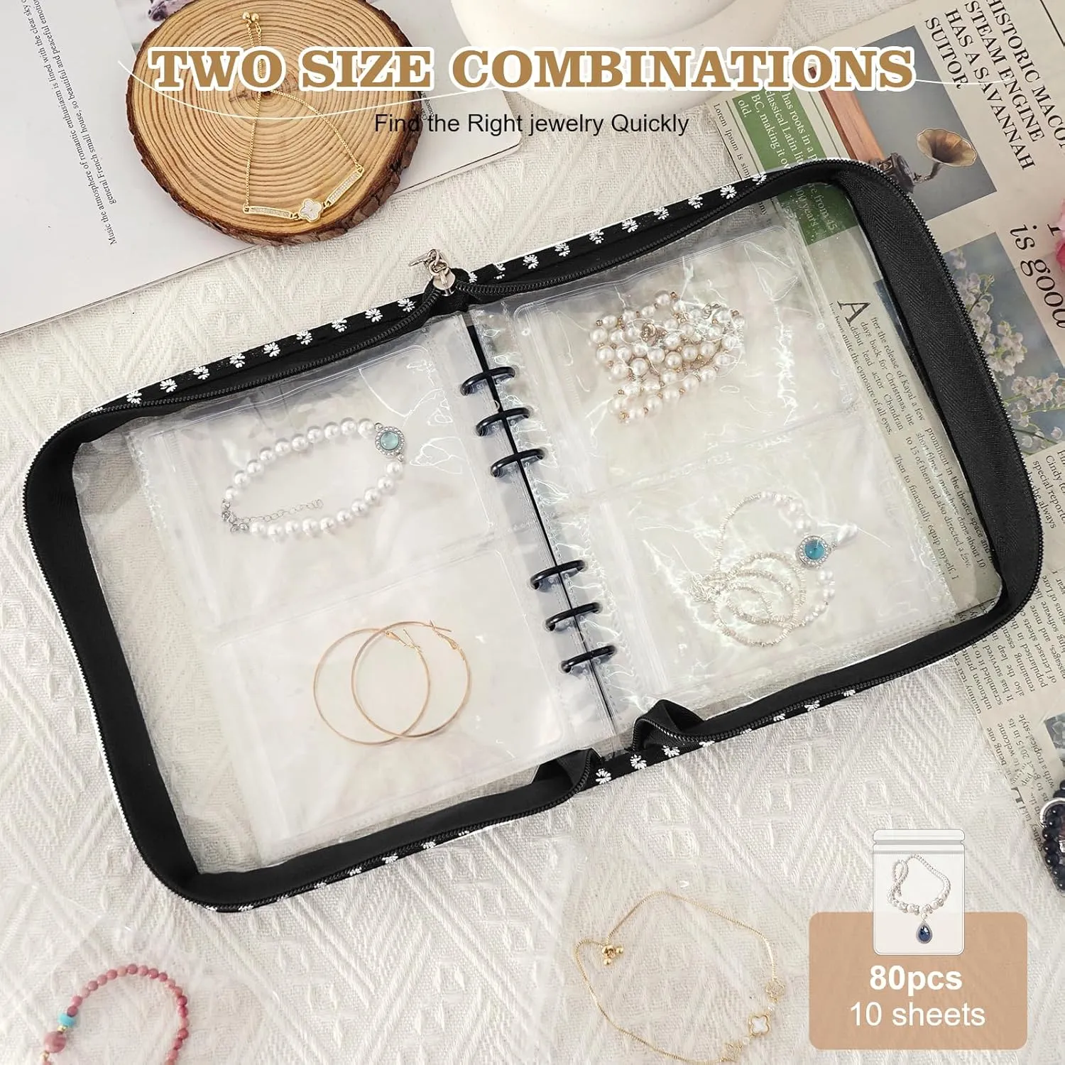 Jewelry Organizer Book Storage Transparent Travel Earring Storage Book Jewelry Binder for Necklace, Ring, Earring, Storage (Black Flowers, 48Pcs Large Jewelry Pouches)