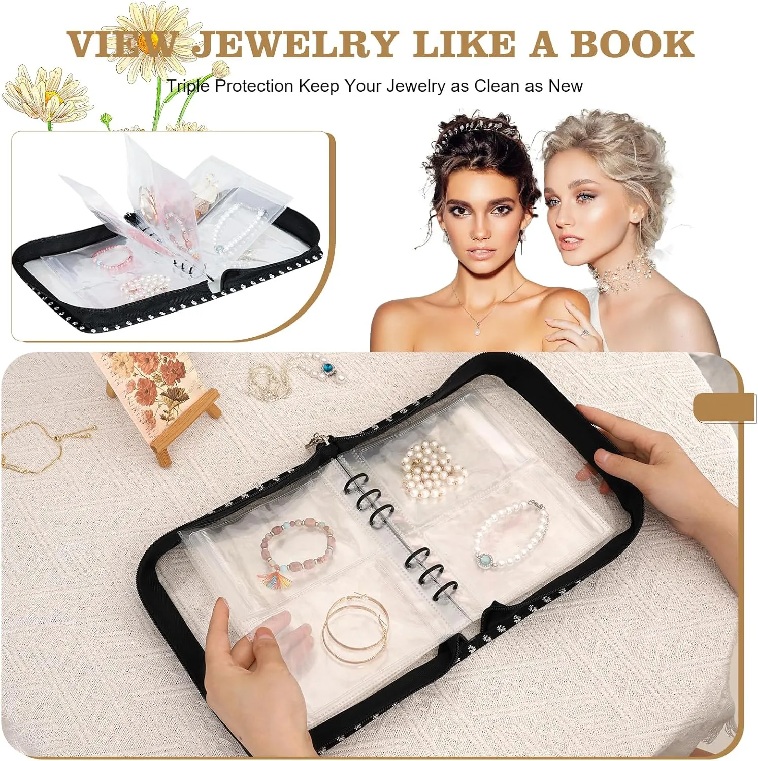 Jewelry Organizer Book Storage Transparent Travel Earring Storage Book Jewelry Binder for Necklace, Ring, Earring, Storage (Black Flowers, 48Pcs Large Jewelry Pouches)