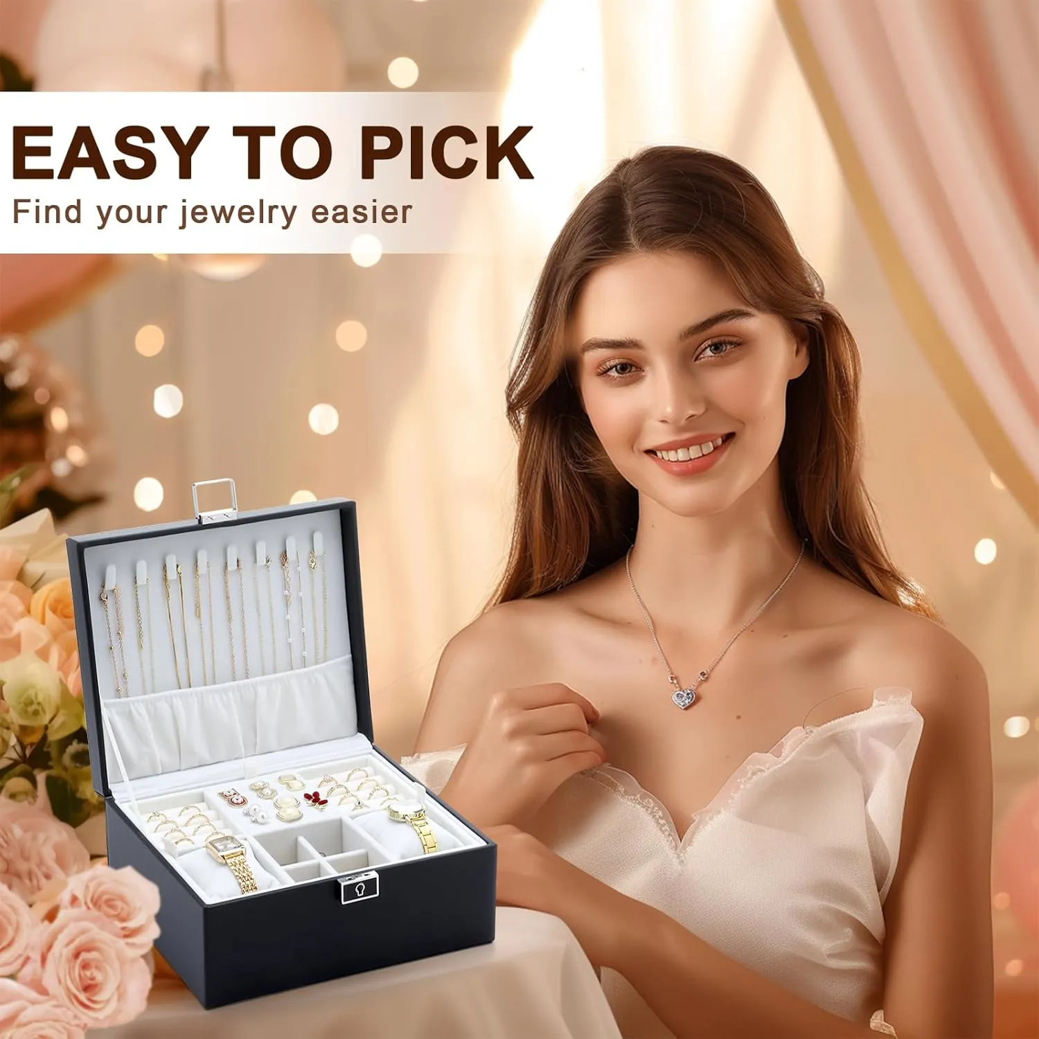 Jewelry Organizer Boxes for Women,2 Layers Removable Travel Jewelry Case,Storage for Necklace, Bracelet, Earring and Rings,Jewelry Boxes Gifts for Women & Girls