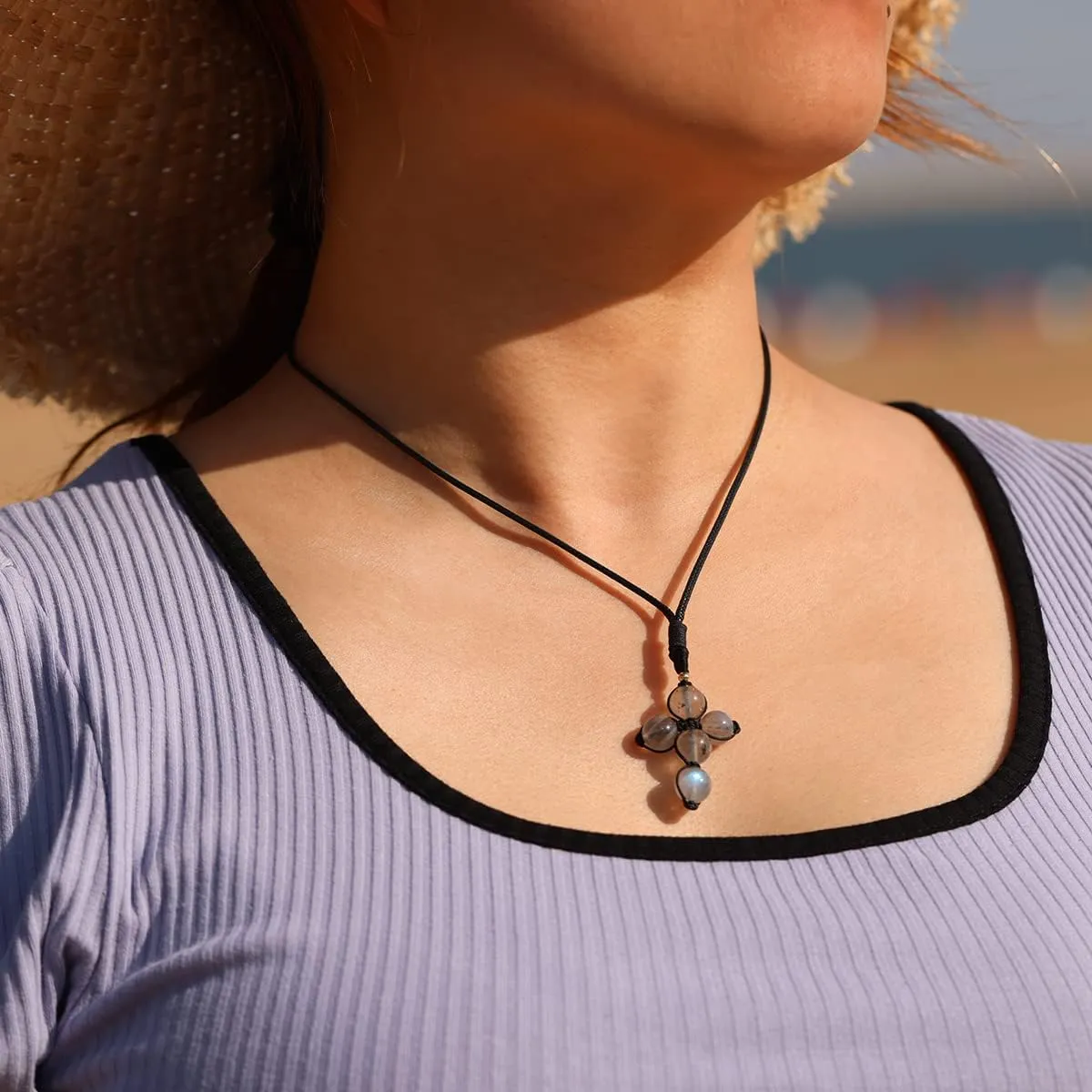 Jewever Cross Necklaces for Women Crystal Beads Braided Pendant Gemstone Crystals and Healing Stones Handmade Rope Necklace Jewelry Gifts