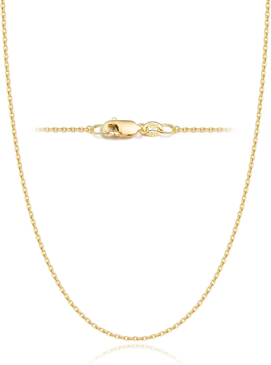 Jewlpire Solid 18k Gold Over 925 Sterling Silver Chain Necklace for Women, 1.3mm Thin & Dainty & Sturdy Cable Chain Necklace Women's Chain Necklaces 14/16/17/18/20/22/24 Inch