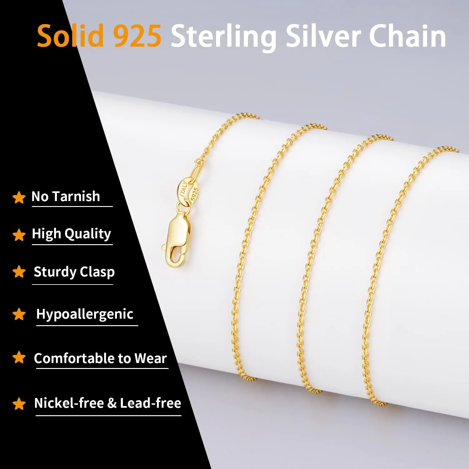 Jewlpire Solid 18k Gold Over 925 Sterling Silver Chain Necklace for Women, 1.3mm Thin & Dainty & Sturdy Cable Chain Necklace Women's Chain Necklaces 14/16/17/18/20/22/24 Inch