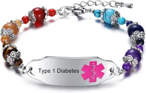 JF.JEWELRY Diabetes Awareness Bracelet | Pre Engraved Type 1 Diabetes Medical Alert ID Bracelet | Stylish Colorful Stone Beaded Bracelet Adjustable