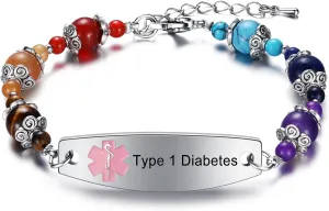 JF.JEWELRY Diabetes Awareness Bracelet | Pre Engraved Type 1 Diabetes Medical Alert ID Bracelet | Stylish Colorful Stone Beaded Bracelet Adjustable
