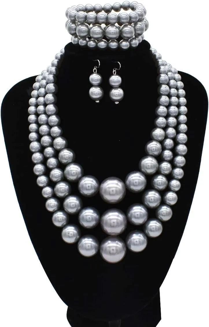 JNF Faux Pearl Statement Necklace and Earring Set - Big Chunky Pearls Costume Necklace