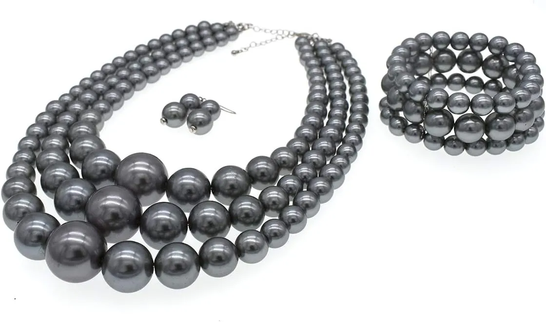 JNF Faux Pearl Statement Necklace and Earring Set - Big Chunky Pearls Costume Necklace