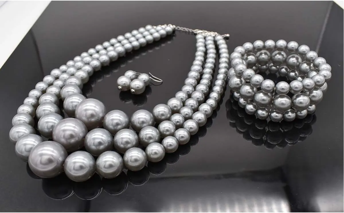 JNF Faux Pearl Statement Necklace and Earring Set - Big Chunky Pearls Costume Necklace