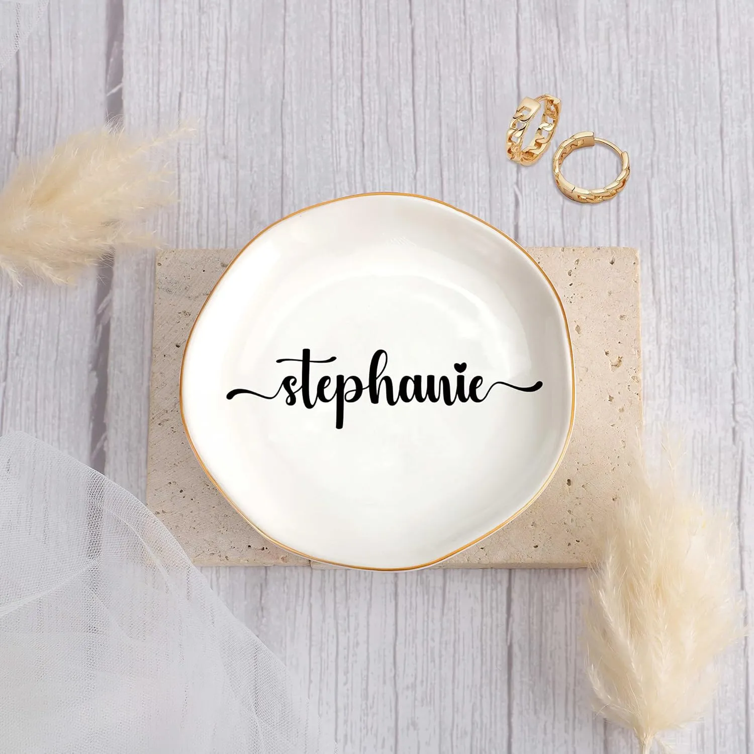 JoycuFF Stephanie Personalized Name Ceramic Jewelry Tray, Mothers Day Christmas Anniversary Engagement Birthday Gifts for Women Couples, Trinket Dish for Rings Earrings Necklaces Bracelets Keys