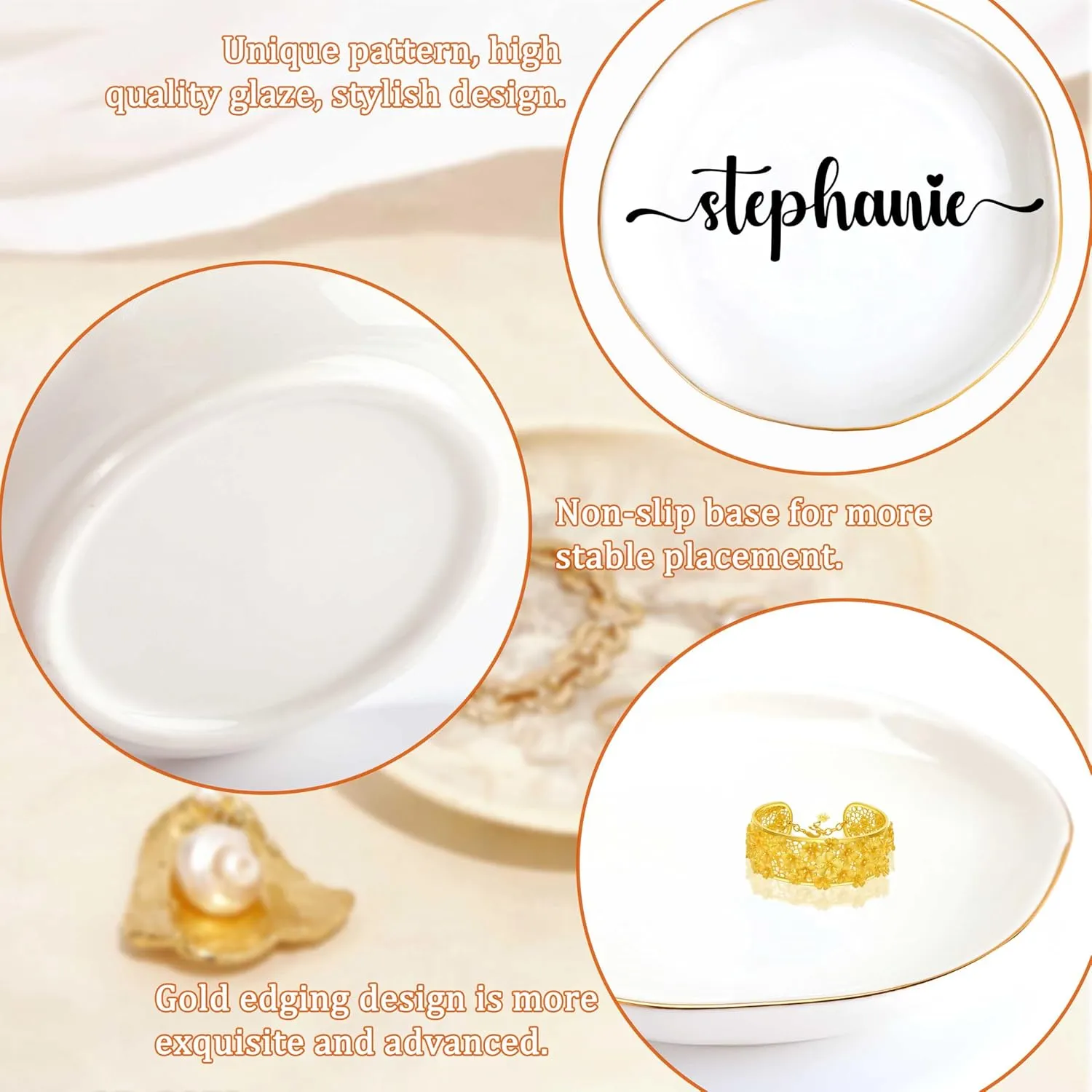 JoycuFF Stephanie Personalized Name Ceramic Jewelry Tray, Mothers Day Christmas Anniversary Engagement Birthday Gifts for Women Couples, Trinket Dish for Rings Earrings Necklaces Bracelets Keys