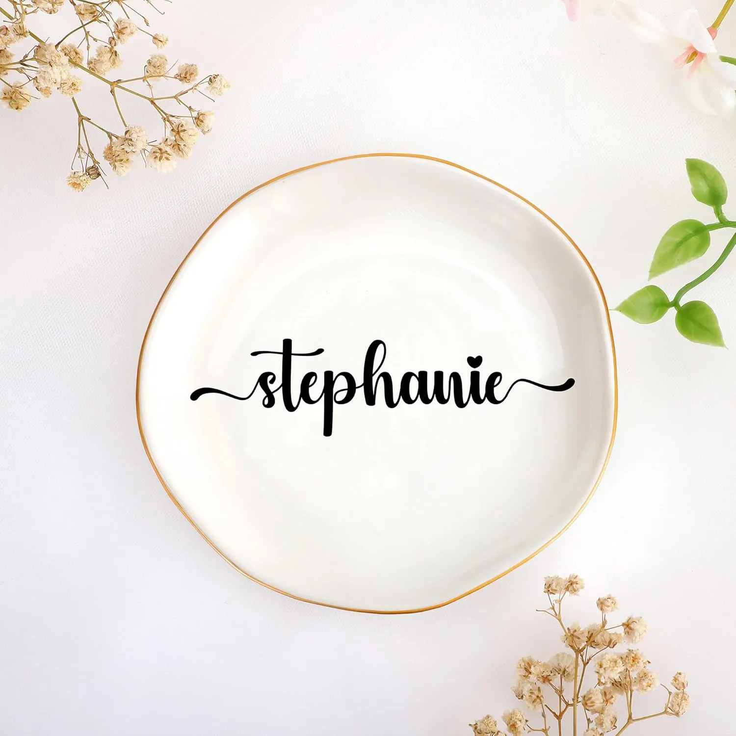 JoycuFF Stephanie Personalized Name Ceramic Jewelry Tray, Mothers Day Christmas Anniversary Engagement Birthday Gifts for Women Couples, Trinket Dish for Rings Earrings Necklaces Bracelets Keys