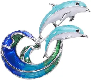 Jumping Dolphin Brooch Marine Animal Pin Coat Accessories Cute Enamel Rhinestone Collar Lapel Pins Blue Dolphin Ocean Sea Animal Corsage Clothes Scarf Decoration for Women Girls Jewelry
