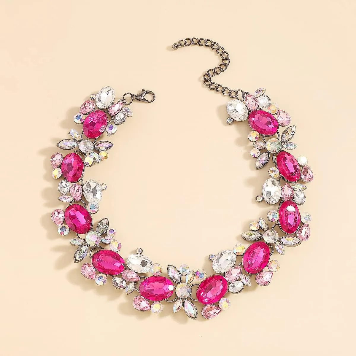Jumwrit Colorful Rhinestone Choker Necklace Statement Chunky Chain Necklace Sparkle Prom Party Necklace Jewelry for Women (Pink)