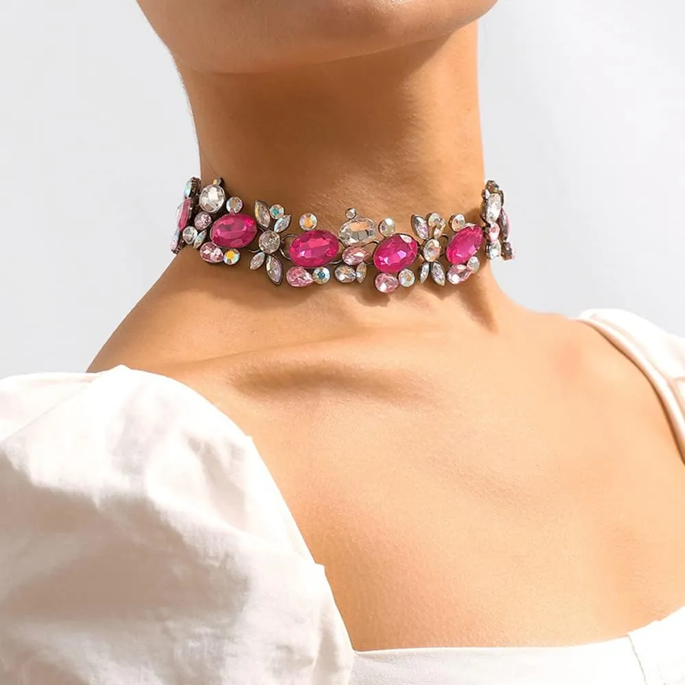 Jumwrit Colorful Rhinestone Choker Necklace Statement Chunky Chain Necklace Sparkle Prom Party Necklace Jewelry for Women (Pink)