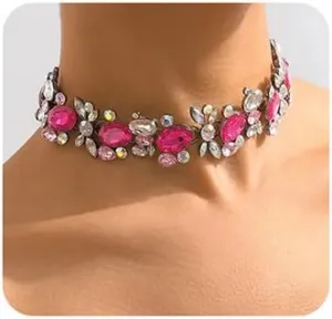 Jumwrit Colorful Rhinestone Choker Necklace Statement Chunky Chain Necklace Sparkle Prom Party Necklace Jewelry for Women (Pink)