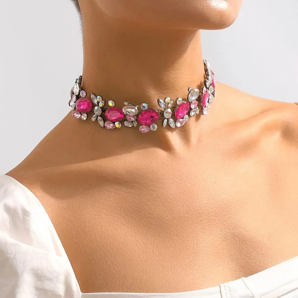 Jumwrit Colorful Rhinestone Choker Necklace Statement Chunky Chain Necklace Sparkle Prom Party Necklace Jewelry for Women (Pink)