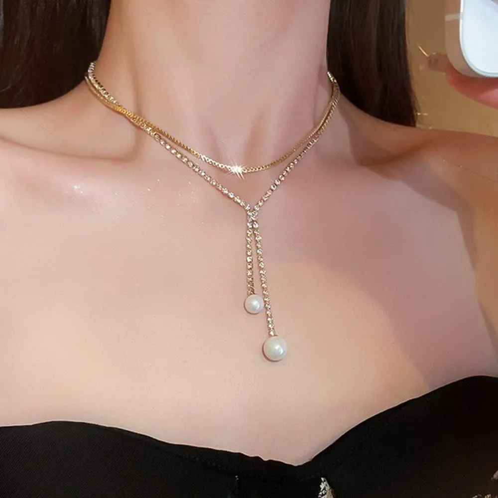 Jumwrit Rhinestone Choker Necklace Dainty Layered Necklace Waterdrop Pearl Pendant Tassel Necklace Gold Silver Zirconia Tennis Necklace Simple Thin Box Chain Necklace for Women Girls(Style 1)