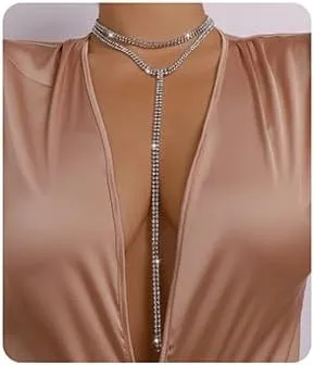 Jumwrit Rhinestone Layered Choker Necklace Y Shaped Necklace Tennis Chain Necklace 4 Row Necklace Long Chain Pendant Necklace for Women(Silver)