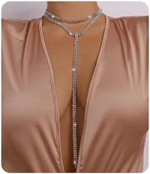 Jumwrit Rhinestone Layered Choker Necklace Y Shaped Necklace Tennis Chain Necklace 4 Row Necklace Long Chain Pendant Necklace for Women(Silver)