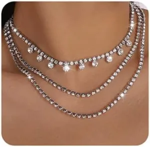 Jumwrit Rhinestone Layered Necklace Tennis Chain Choker Necklace Sparkle Necklace Accessories for WomenSilver