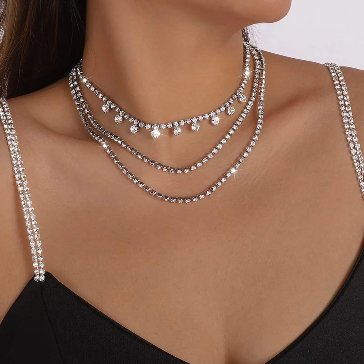 Jumwrit Rhinestone Layered Necklace Tennis Chain Choker Necklace Sparkle Necklace Accessories for WomenSilver