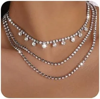 Jumwrit Rhinestone Layered Necklace Tennis Chain Choker Necklace Sparkle Necklace Accessories for WomenSilver