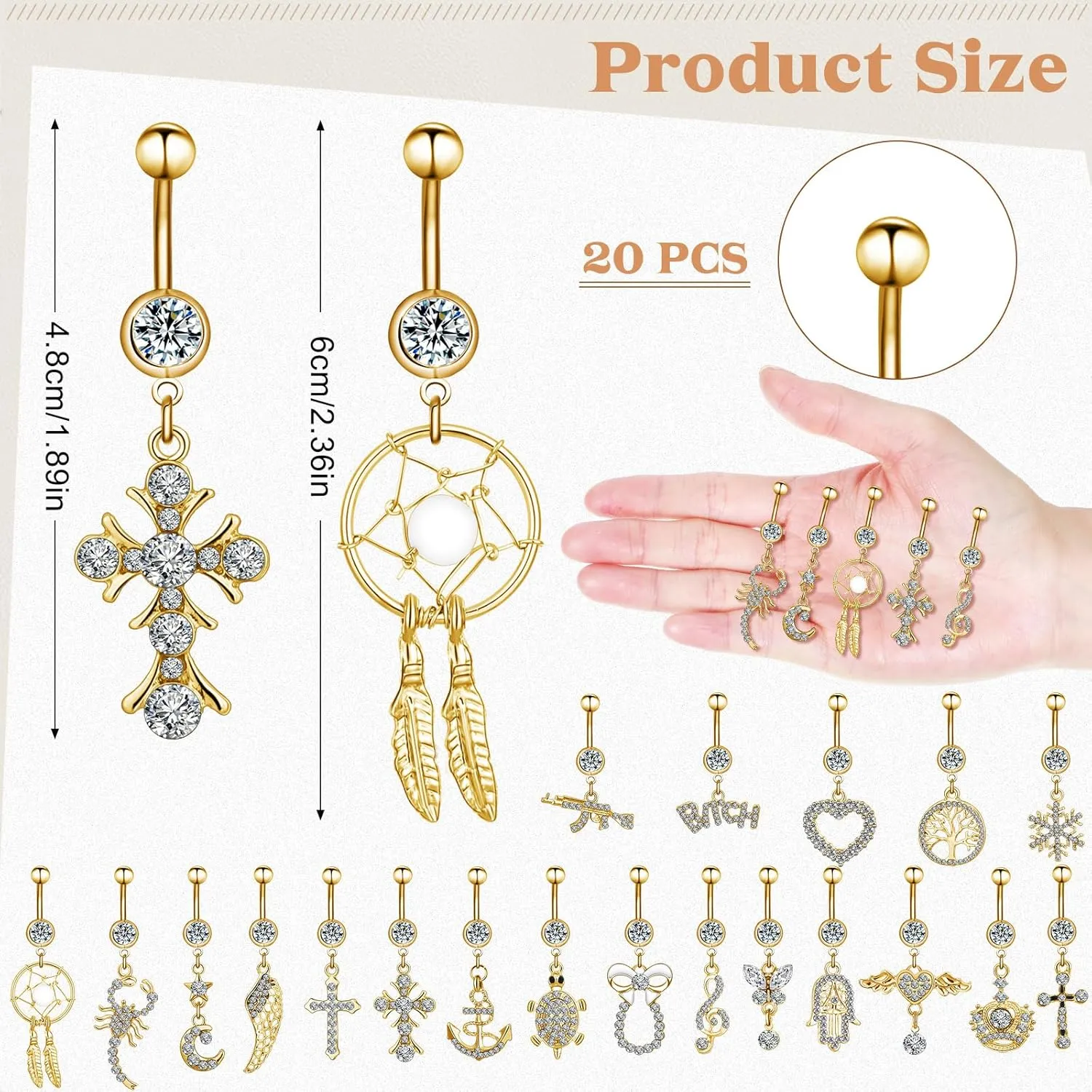 Junkin 20 Pcs 14G Dangle Belly Button Ring, Dangling 316L Surgical Navel Rings Cubic Zirconia Belly Piercing Jewelry