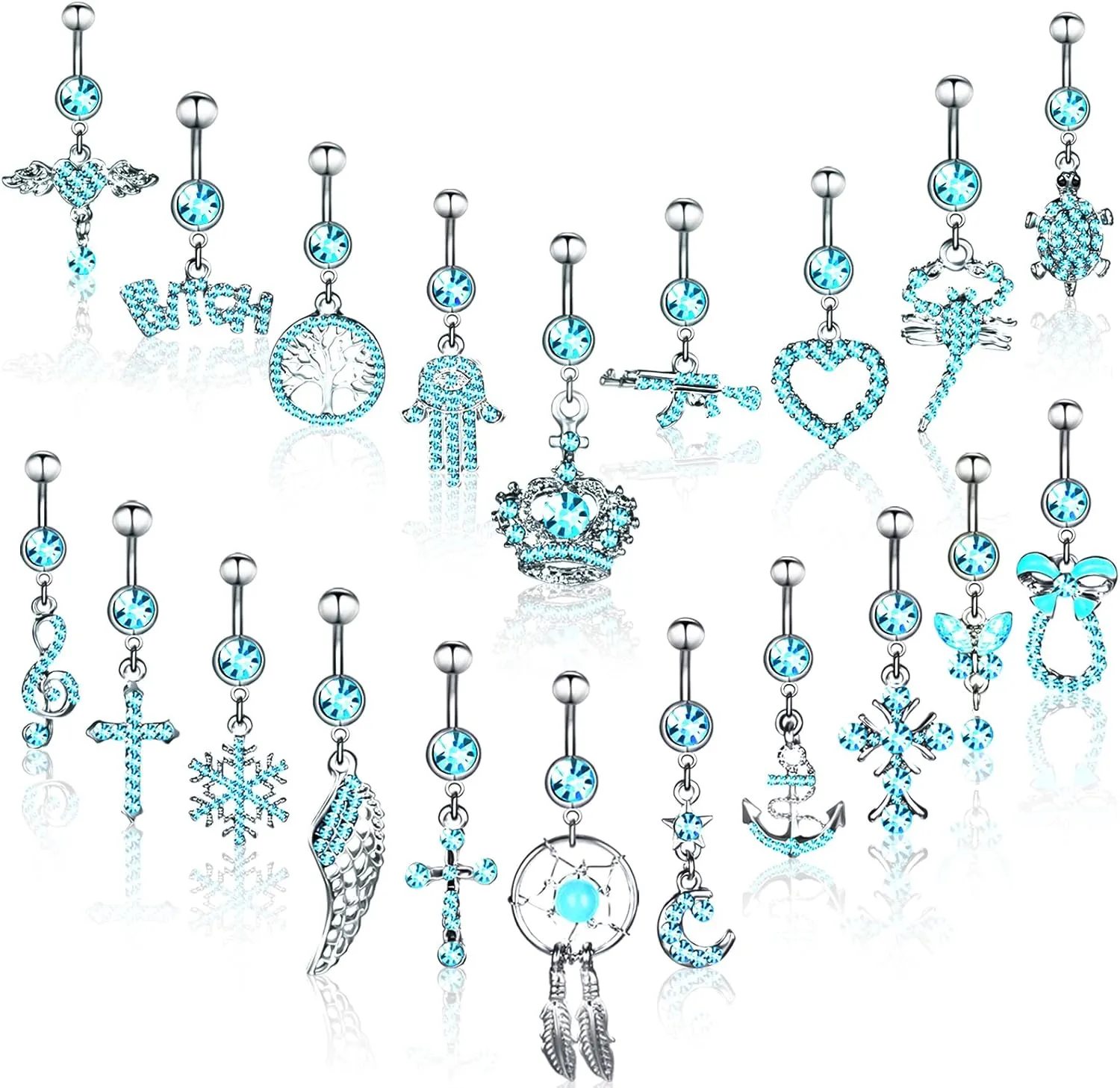 Junkin 20 Pcs 14G Dangle Belly Button Ring, Dangling 316L Surgical Navel Rings Cubic Zirconia Belly Piercing Jewelry
