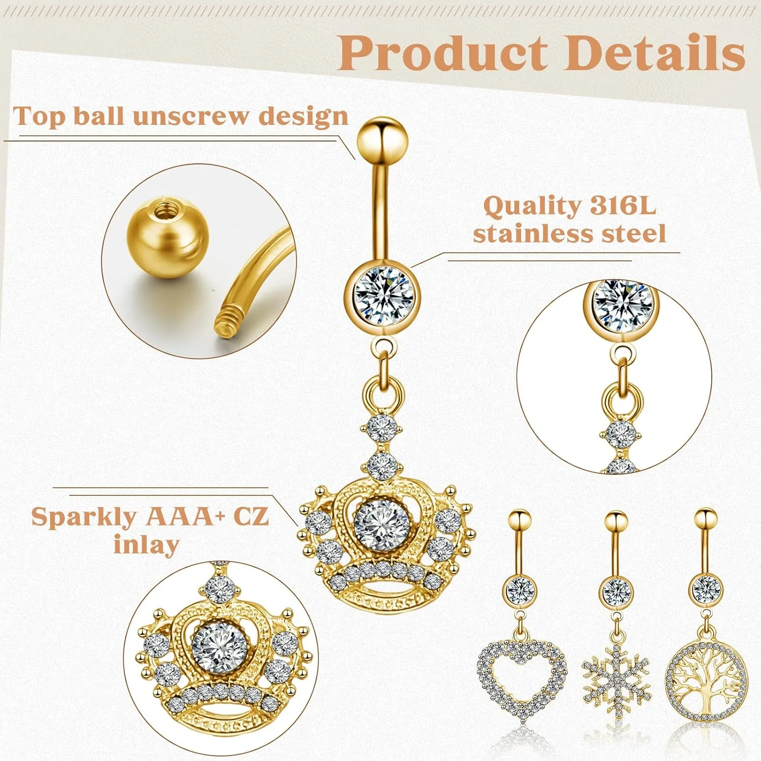 Junkin 20 Pcs 14G Dangle Belly Button Ring, Dangling 316L Surgical Navel Rings Cubic Zirconia Belly Piercing Jewelry