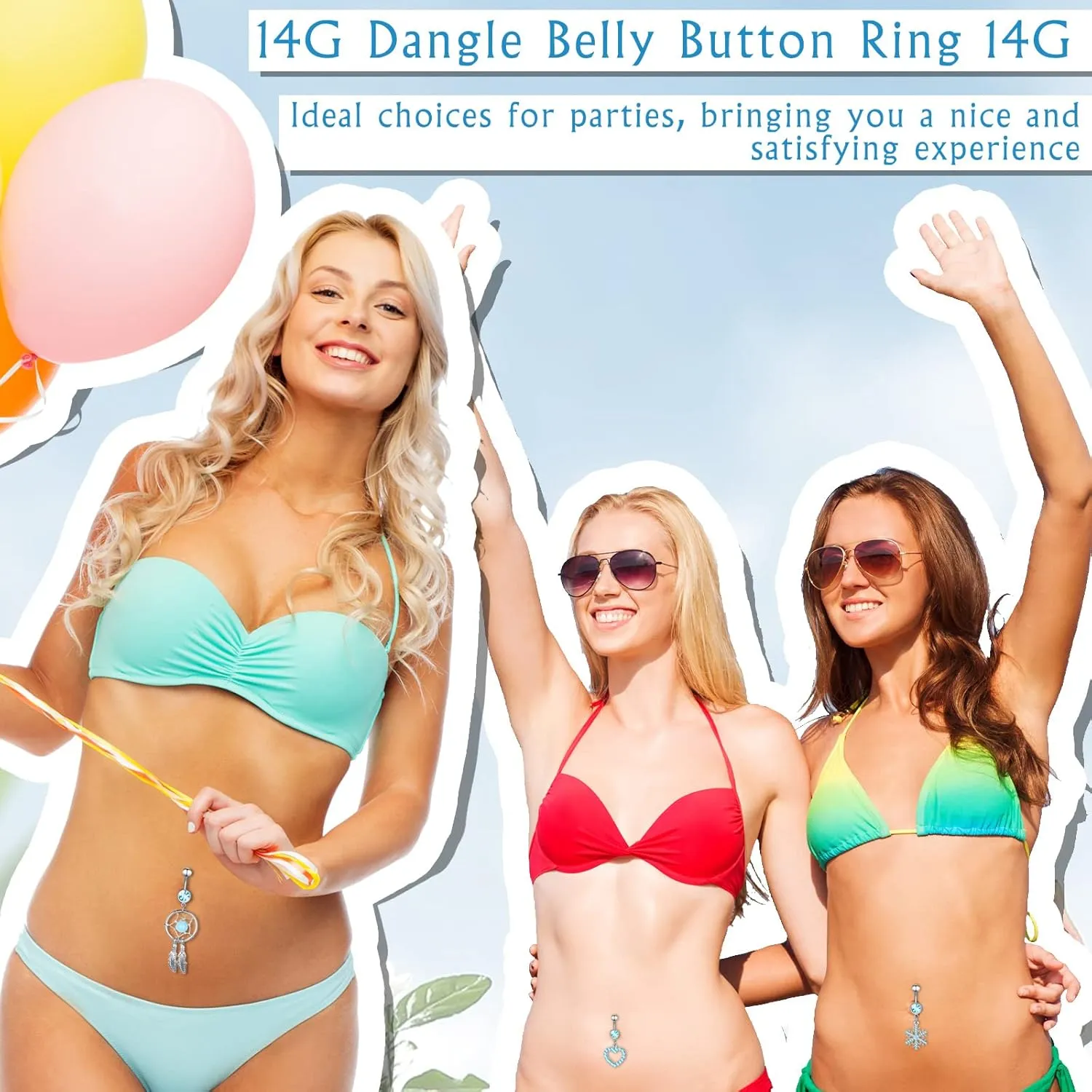 Junkin 20 Pcs 14G Dangle Belly Button Ring, Dangling 316L Surgical Navel Rings Cubic Zirconia Belly Piercing Jewelry
