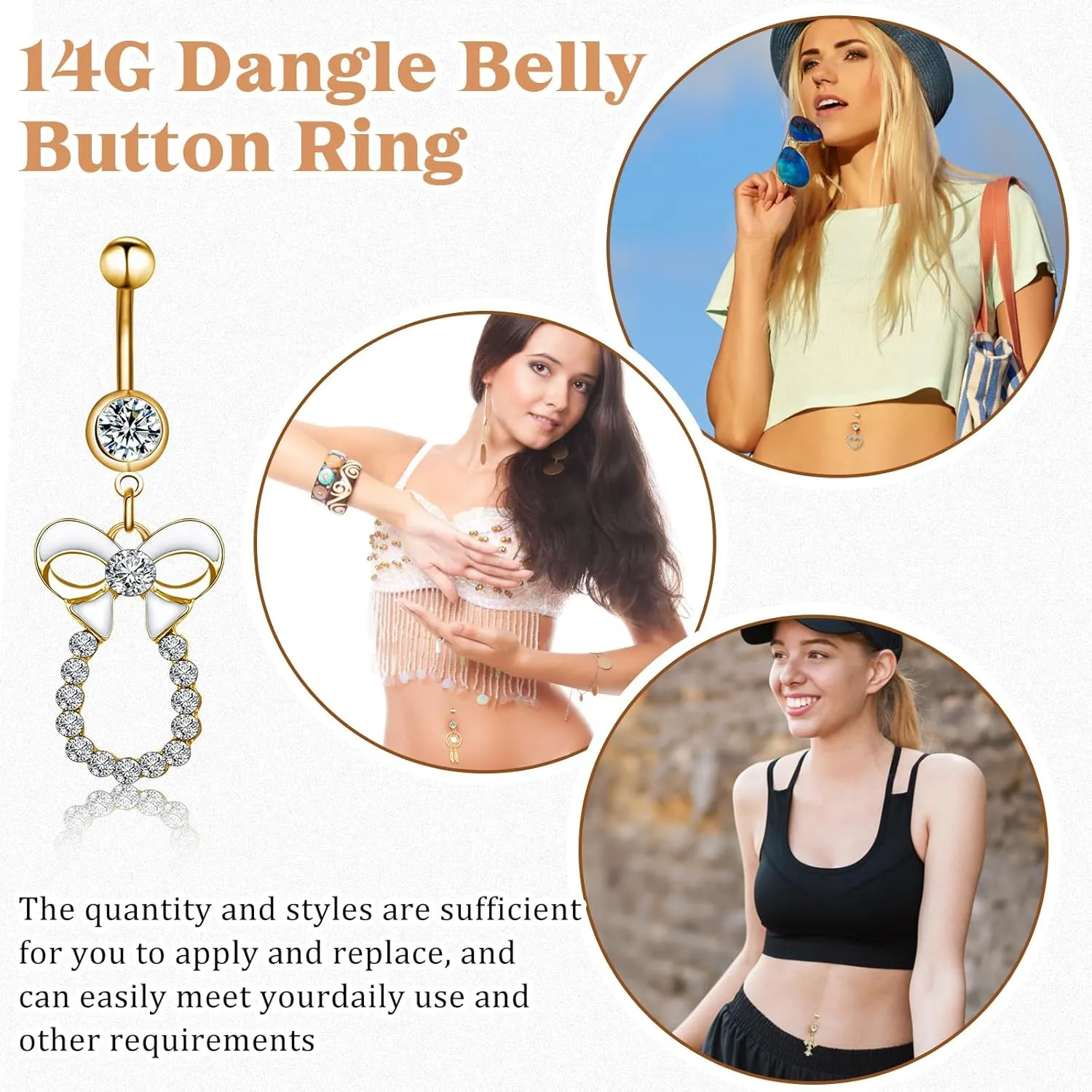Junkin 20 Pcs 14G Dangle Belly Button Ring, Dangling 316L Surgical Navel Rings Cubic Zirconia Belly Piercing Jewelry