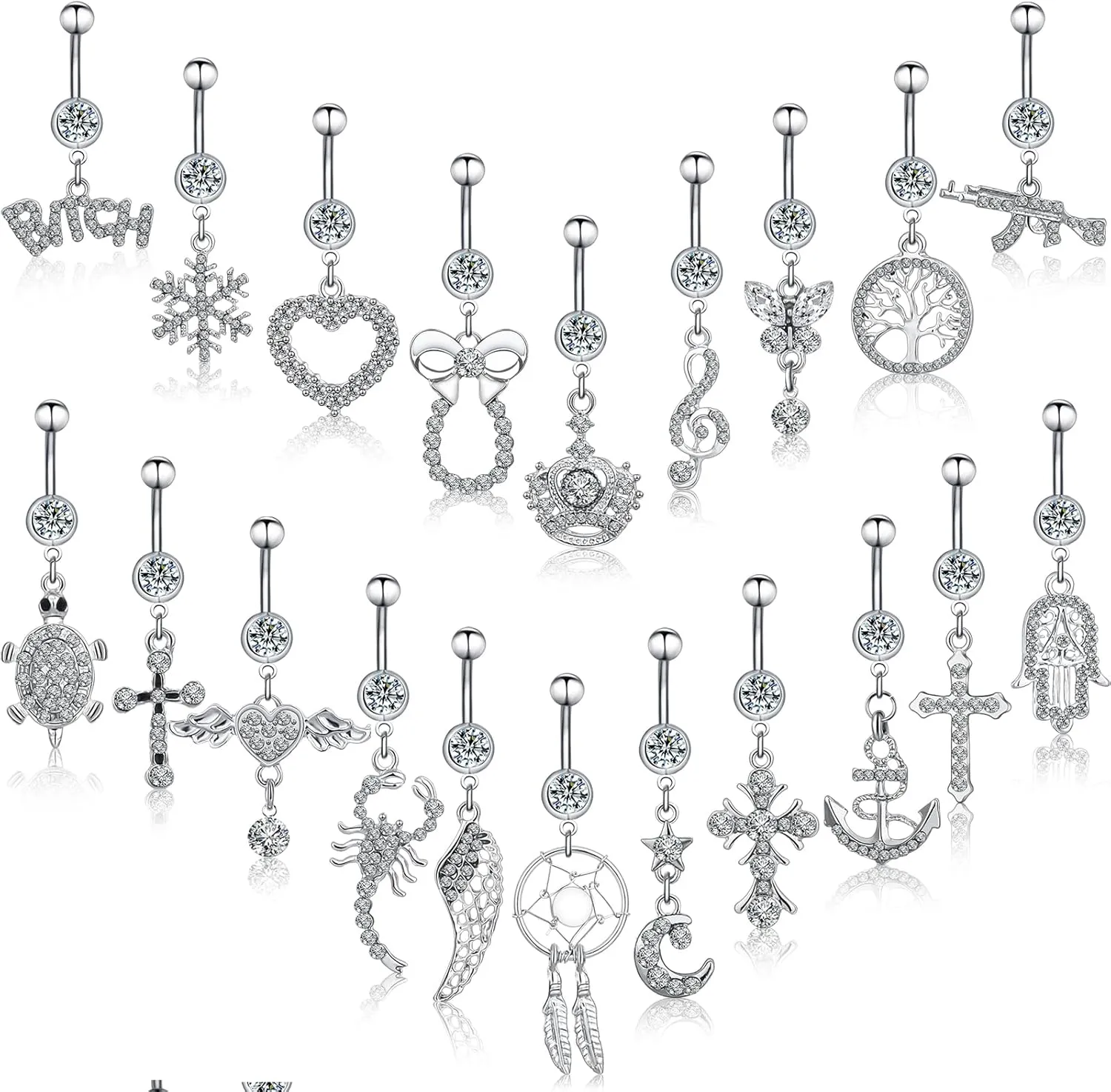 Junkin 20 Pcs 14G Dangle Belly Button Ring, Dangling 316L Surgical Navel Rings Cubic Zirconia Belly Piercing Jewelry