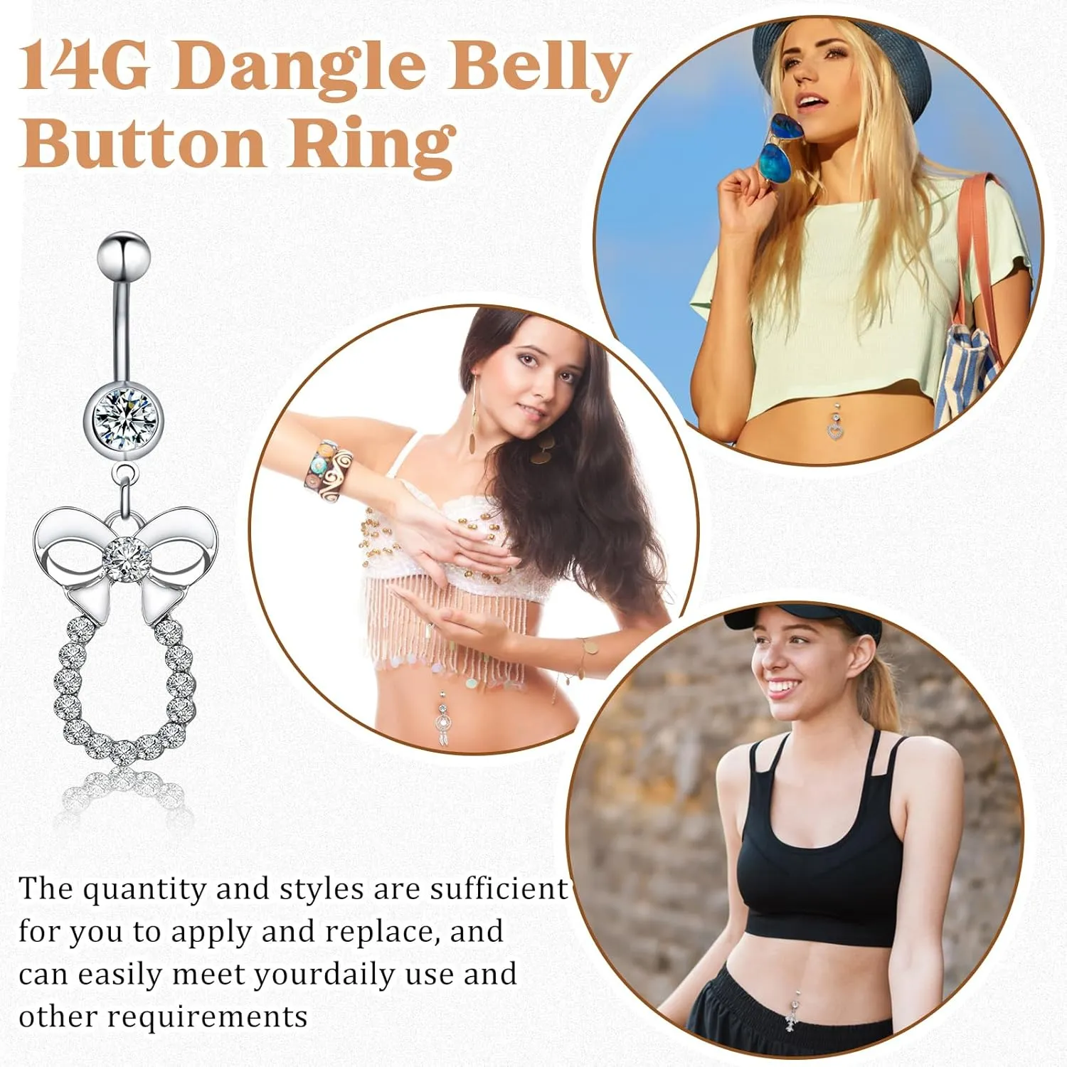 Junkin 20 Pcs 14G Dangle Belly Button Ring, Dangling 316L Surgical Navel Rings Cubic Zirconia Belly Piercing Jewelry