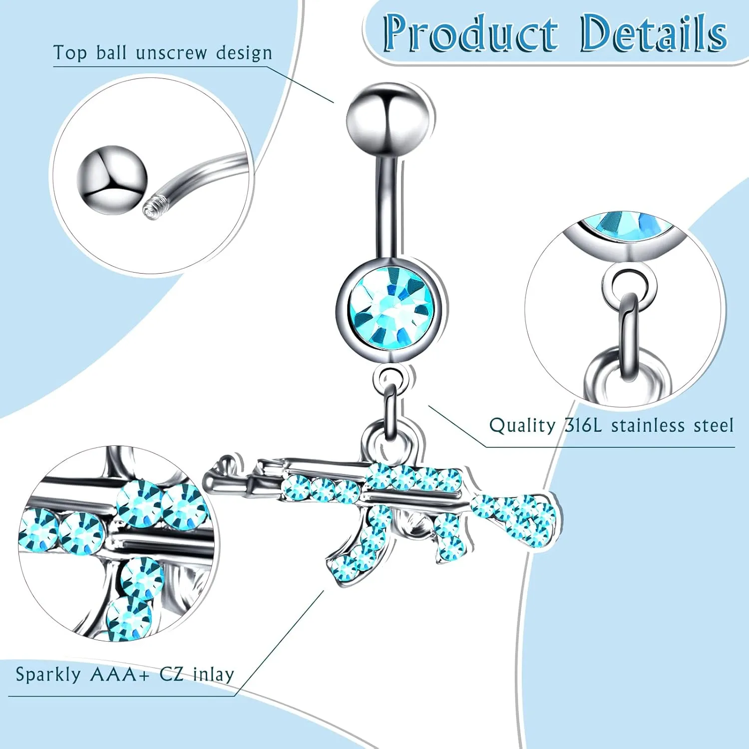 Junkin 20 Pcs 14G Dangle Belly Button Ring, Dangling 316L Surgical Navel Rings Cubic Zirconia Belly Piercing Jewelry