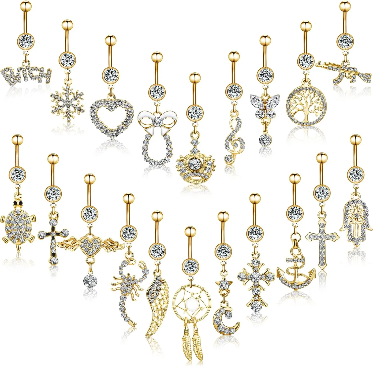 Junkin 20 Pcs 14G Dangle Belly Button Ring, Dangling 316L Surgical Navel Rings Cubic Zirconia Belly Piercing Jewelry