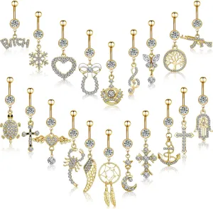 Junkin 20 Pcs 14G Dangle Belly Button Ring, Dangling 316L Surgical Navel Rings Cubic Zirconia Belly Piercing Jewelry