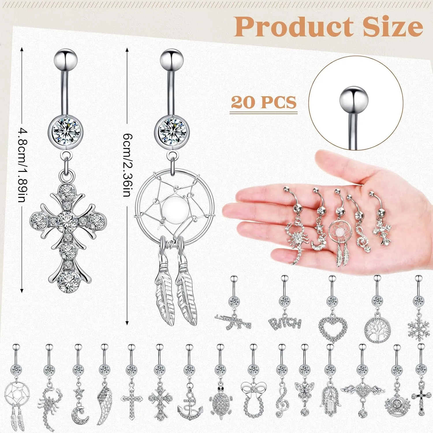 Junkin 20 Pcs 14G Dangle Belly Button Ring, Dangling 316L Surgical Navel Rings Cubic Zirconia Belly Piercing Jewelry