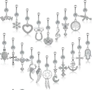 Junkin 20 Pcs 14G Dangle Belly Button Ring, Dangling 316L Surgical Navel Rings Cubic Zirconia Belly Piercing Jewelry