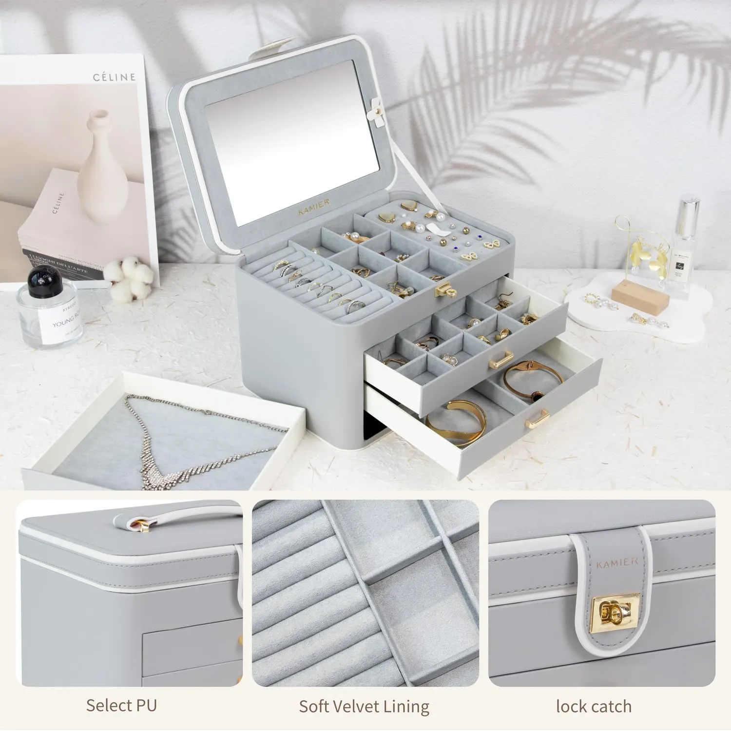 KAMIER Jewelry Organizer for Women, 4 Layer Jewelry Box with Mirror, 3 Drawers, Large Jewelry Storage Boxes for Bracelets, Earrings, Rings, Necklaces, Mothers Day Gifts for Loved One