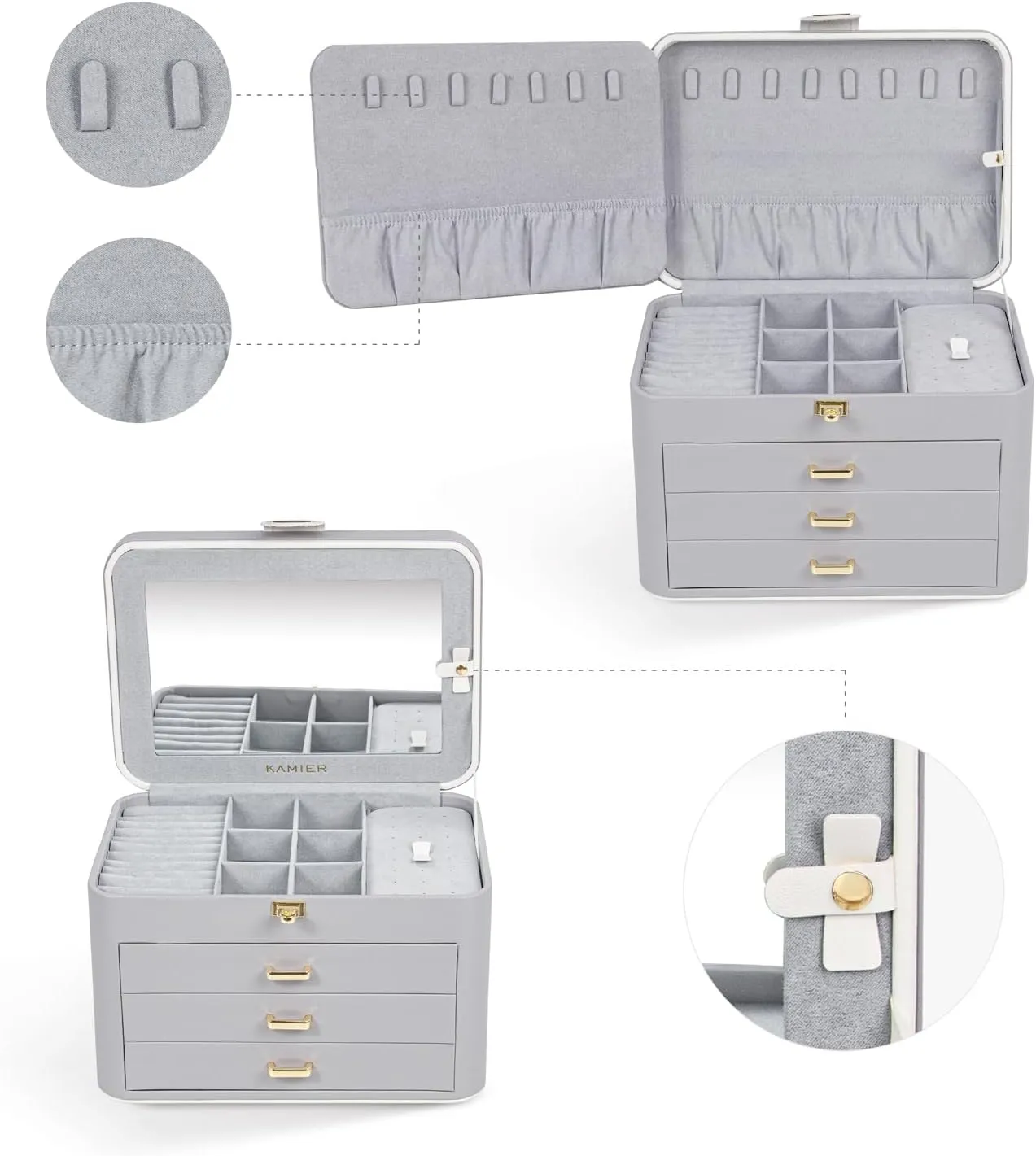 KAMIER Jewelry Organizer for Women, 4 Layer Jewelry Box with Mirror, 3 Drawers, Large Jewelry Storage Boxes for Bracelets, Earrings, Rings, Necklaces, Mothers Day Gifts for Loved One
