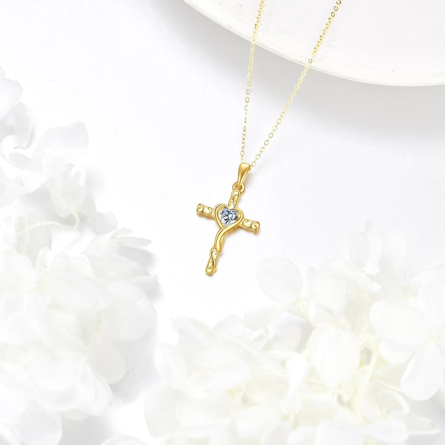 KECHO 14K Solid Gold Cross Necklace for Women Delicate Gold Diamond Heart Cross Pendant Necklace Religious Jewelry Mothers Day Gifts for Wife Mom