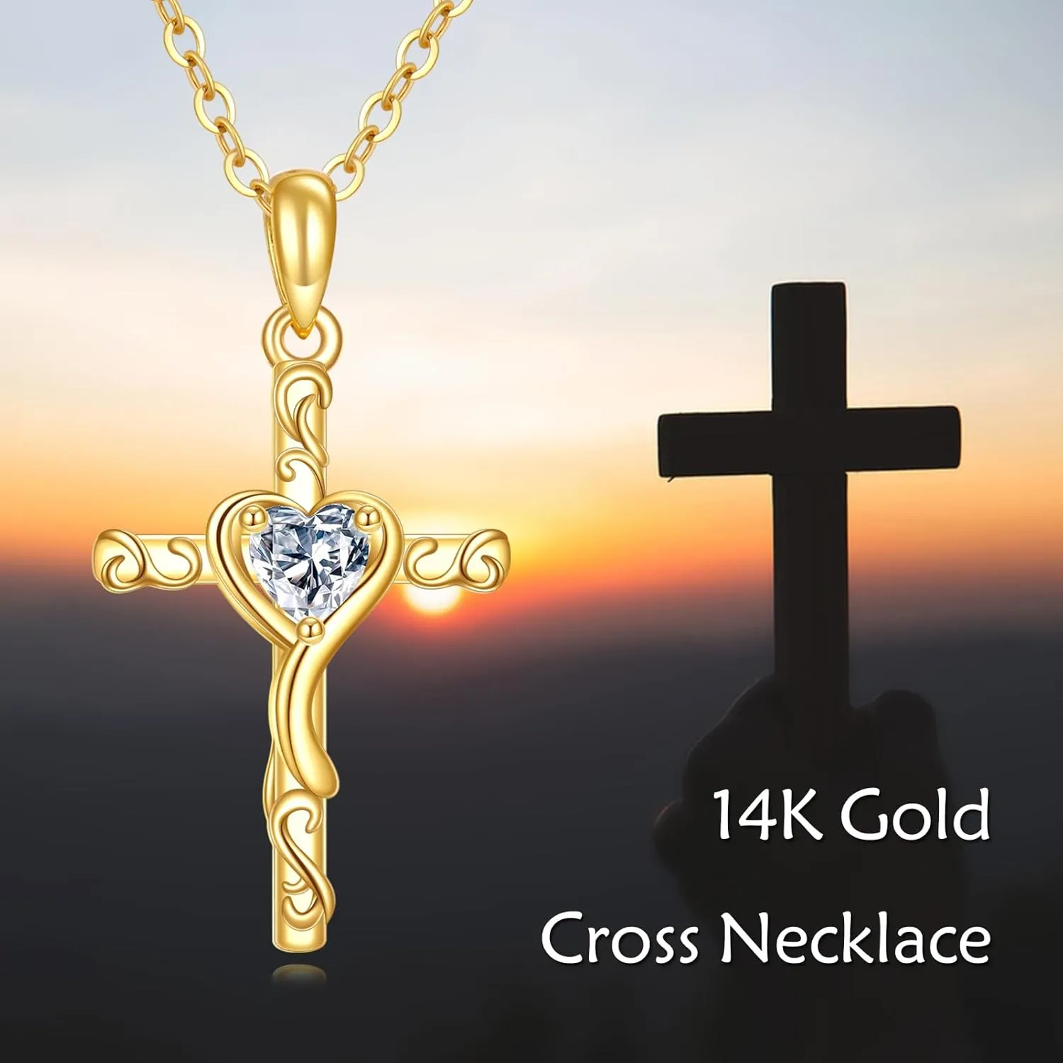KECHO 14K Solid Gold Cross Necklace for Women Delicate Gold Diamond Heart Cross Pendant Necklace Religious Jewelry Mothers Day Gifts for Wife Mom