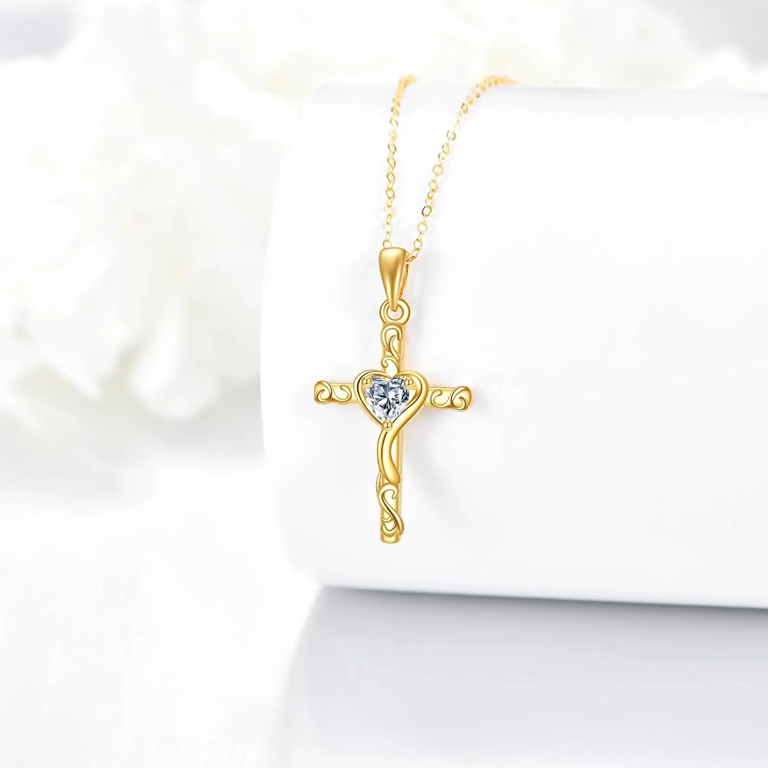 KECHO 14K Solid Gold Cross Necklace for Women Delicate Gold Diamond Heart Cross Pendant Necklace Religious Jewelry Mothers Day Gifts for Wife Mom