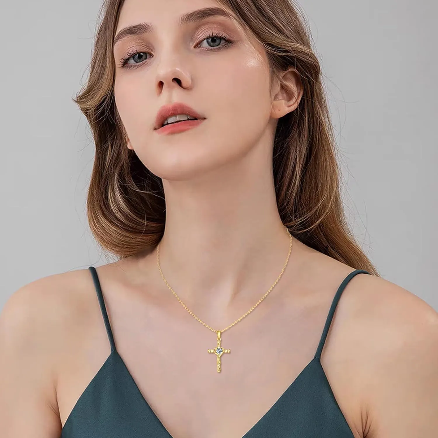 KECHO 14K Solid Gold Cross Necklace for Women Delicate Gold Diamond Heart Cross Pendant Necklace Religious Jewelry Mothers Day Gifts for Wife Mom