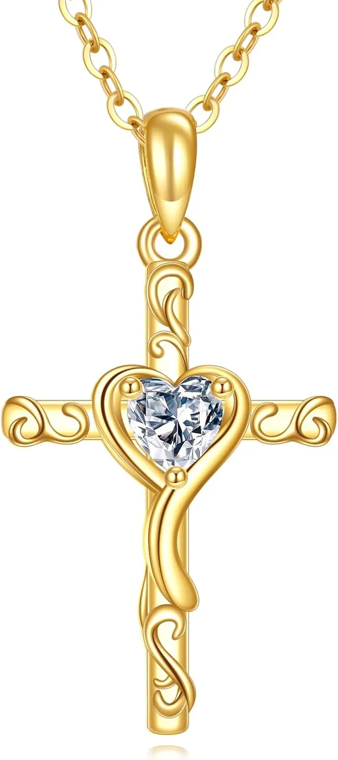 KECHO 14K Solid Gold Cross Necklace for Women Delicate Gold Diamond Heart Cross Pendant Necklace Religious Jewelry Mothers Day Gifts for Wife Mom