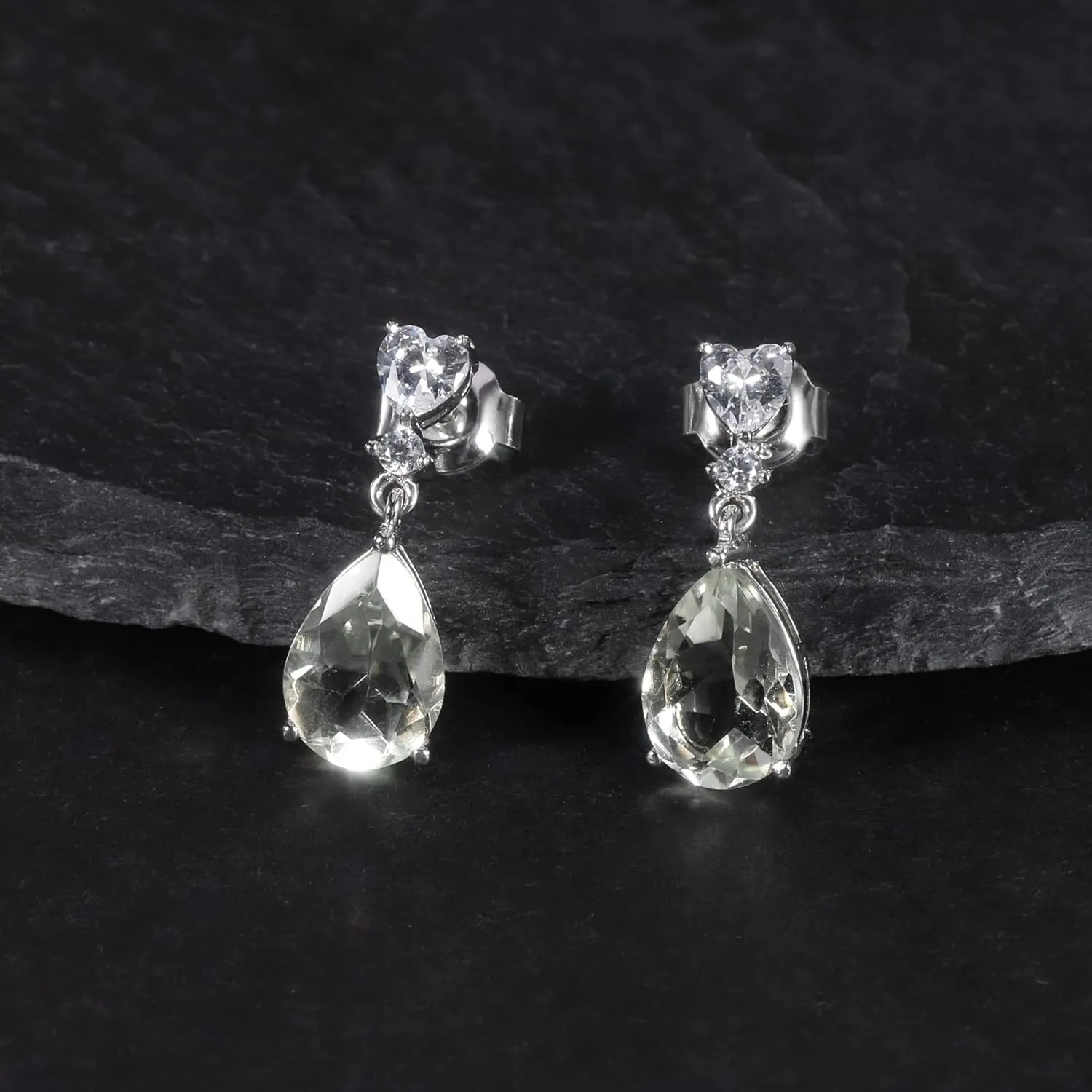 Kemstone Sterling Silver Natural Green Amethyst Earrings with White Zircon Accents Wedding Earrings